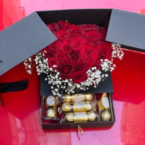 Heart box of natural red roses with Ferrero Rocher chocolates