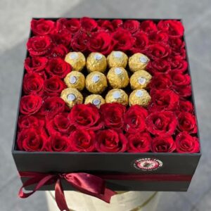Square box of natural red roses with Ferrero Rocher chocolates