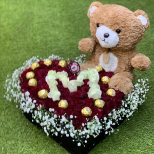 Heart box with roses, chocolates, and teddy